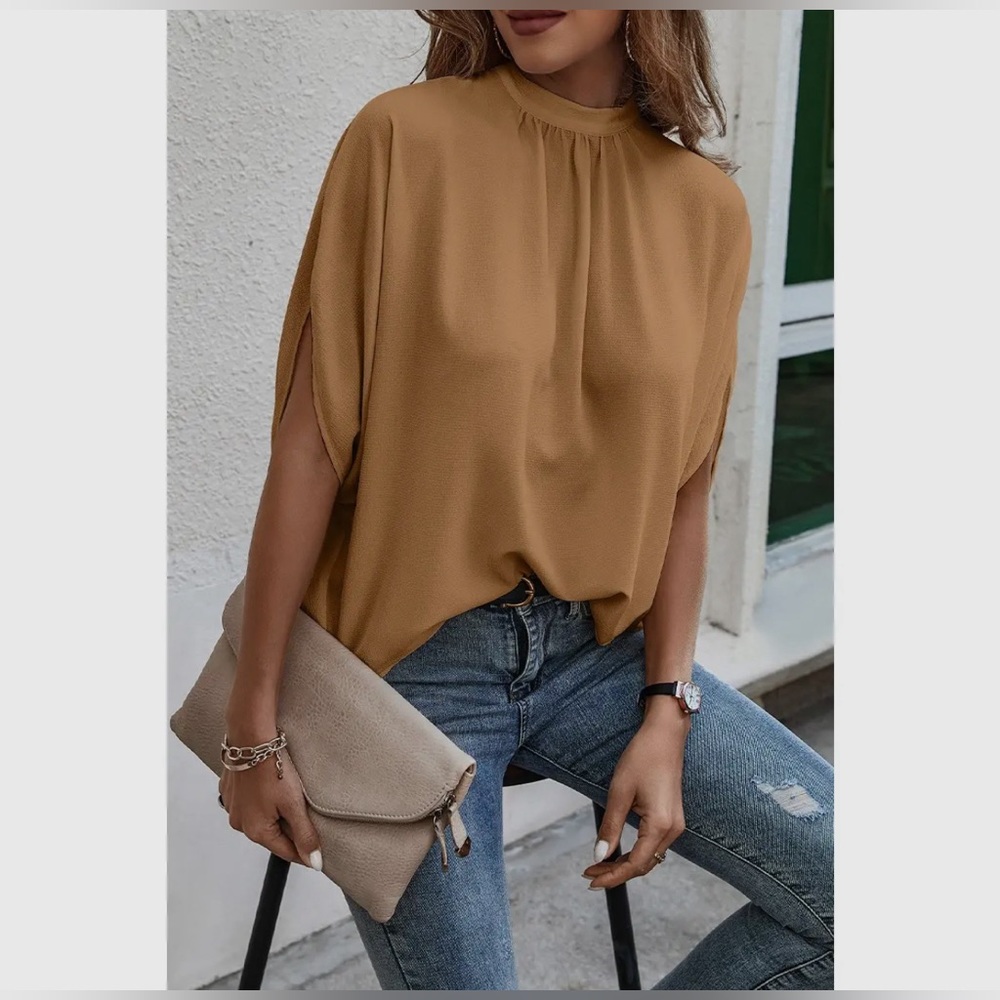 Women's Solid Cape Short Sleeve Loose Top / tan